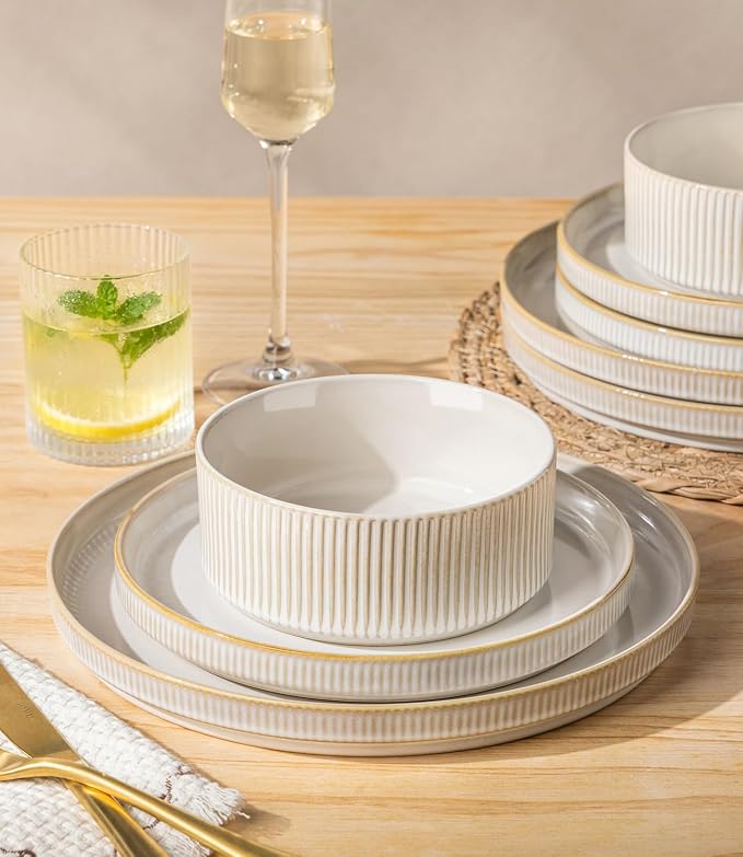GBHOME Stoneware Dinnerware Sets for 4, 12 Pieces Plates and Bowls Set | Lightweight Ceramic Ribbed Dishes,Reactive Glaze Stackable Plate Set,Scratch Resistant,Microwave Dishwasher Safe,VanillaLatte
