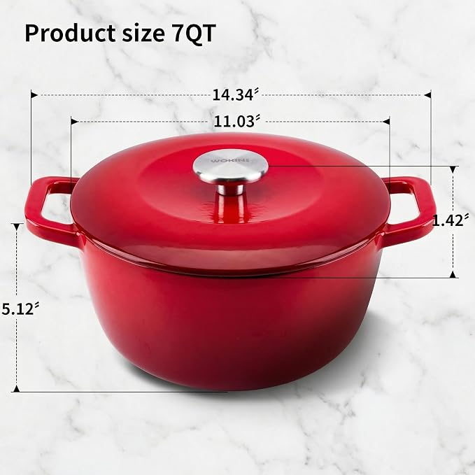 7QT Enameled Cast Iron Dutch Oven,Concave Self-Basting Lid,Red | Versatile,heavy-duty Large Dutch oven,PFAS-free,oven safe to 500°F,sourdough,braising/stews/roasting,Housewarming Gift