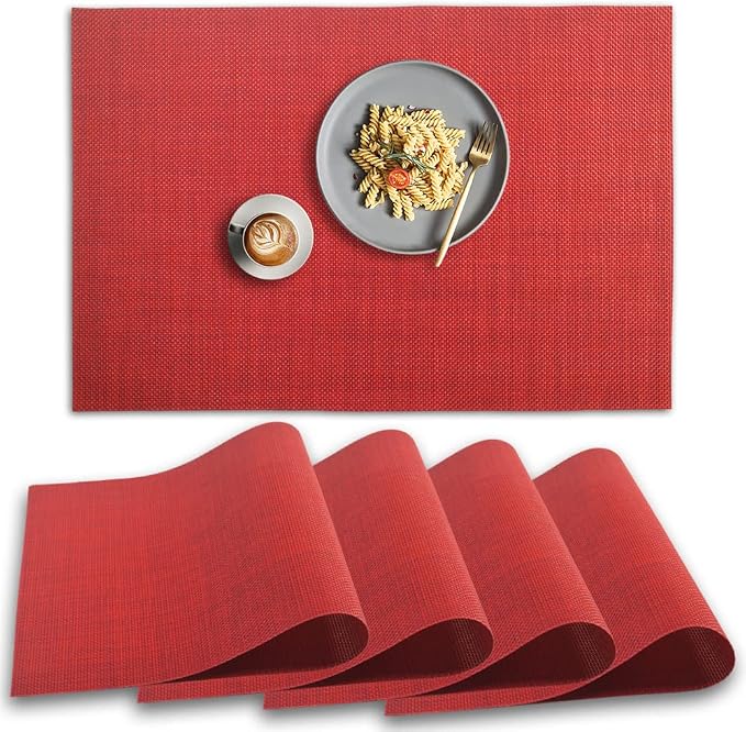 homEdge PVC Placemat, 4 PCS of Non-Slip Heat Resistant Place Mats, Washable Vinyl Placemats, Set of 4 – Red