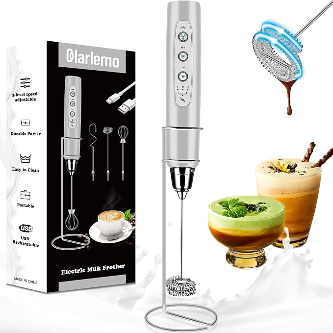 Colarlemo Milk Frother Handheld Rechargeable with Stand, Frother Wand Drink Mixer Electric Whisk for Coffee, Detachable With 3 Stainless Whisks, Hand Mixer for Lattes, Cappuccino, Matcha, Egg, Silver