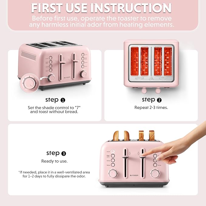 BUYDEEM DT640 4-Slice Toaster, 7 Shade Settings, Extra Wide 1.5’’ Slots for Bagel & English Muffin, 6 Toasting Functions, Retro Stainless Steel Toaster with High Lift Lever, 1800W, Pink