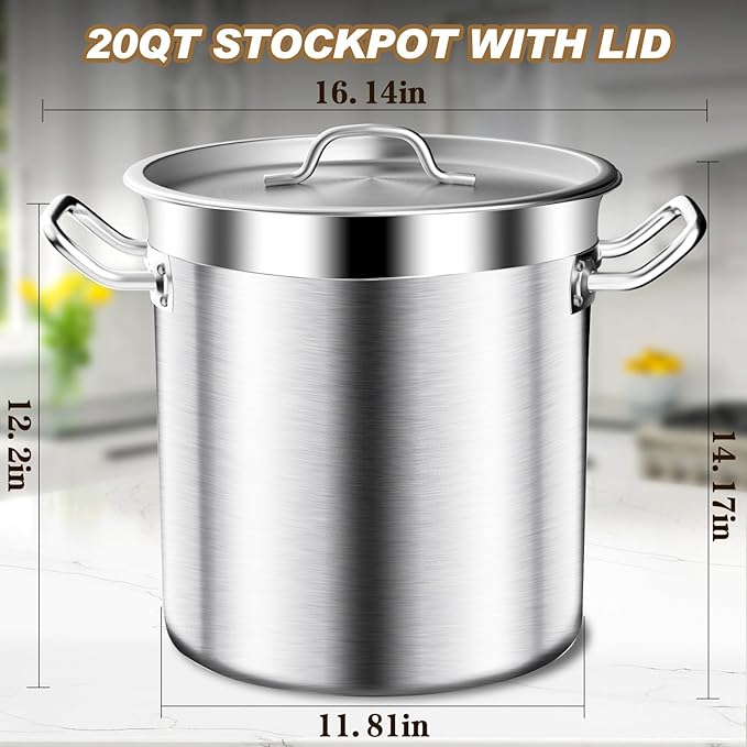 20Qt Brushed Stainless Steel Stock Pot With Lid - Large Stock Pot - Heavy Duty Induction Commercial Grade Stockpots for Soup, Stew, Oven, Gas, Ceramic, and Dishwasher Safe