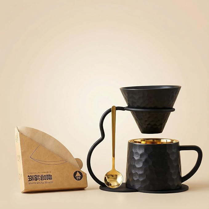 Pour Over Coffee Maker set,Ceramic Coffee Maker With V60 40 pcs Paper Filter，Metal Stand 9oz 270ml mug Pour Over Coffee Dripper Black