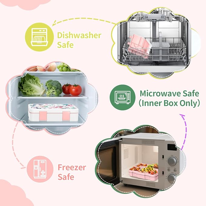 Bento Lunch Box for Kids, Leak-Proof 5-Compartment Cute Lunchbox for Boys Girls, Drop-Proof, Food Container Microwave & Dishwasher Safe, Back to School Supplies for Ages 3 to 7, White/Mermaid