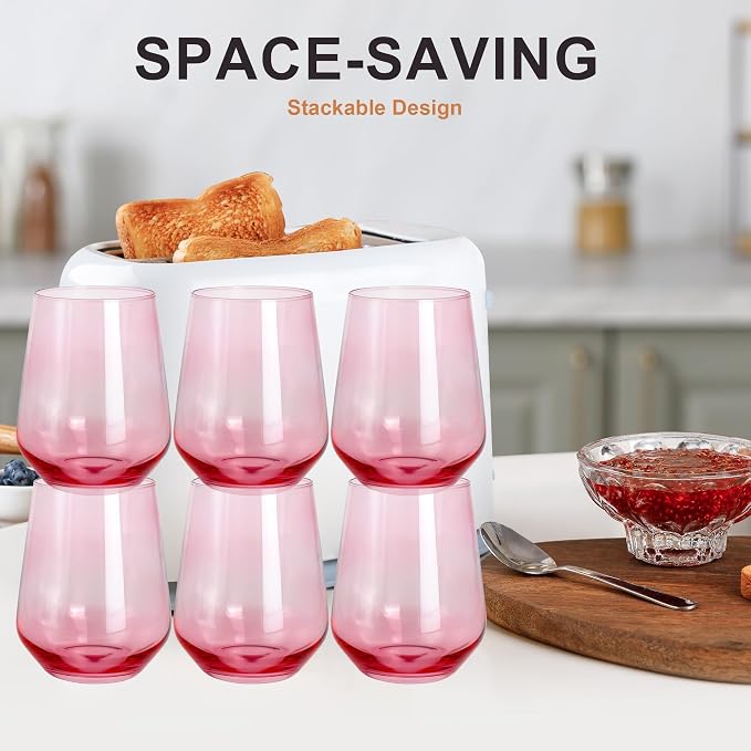 Pink Stemless Wine Glasses Set of 6, 15oz Drinking Glassware Dishwasher Safe, Wine Glass Tumblers for Red or White, Gift for Party, Holiday, Anniversary, Restaurant, Home Bar, Daily Use