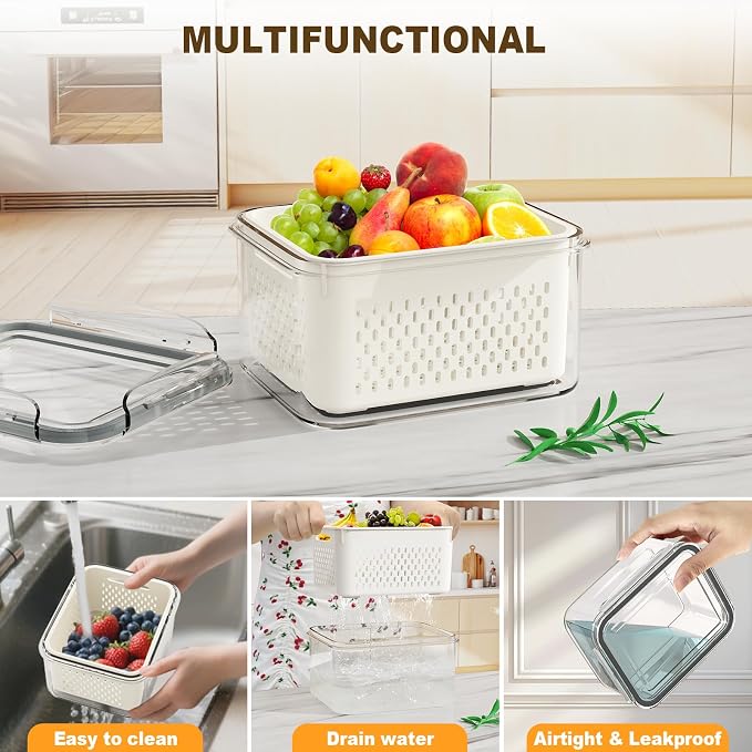 Dayacoco Fruit Storage Containers for Fridge 8 Pcs with Drain Basket | Fridge organizers & storage - 8 fruit containers w/ drain baskets, BPA-free PP, leak-proof seal, stackable, DW/MW safe.