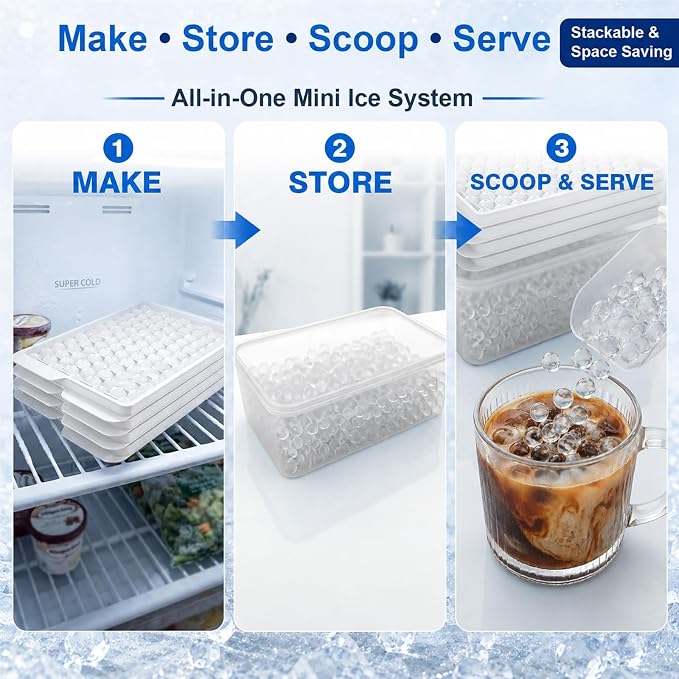 Mini Ice Cube Trays with Lid & Bin, Tiny Pebble Ice Balls for Coffee | Make 416 Mini Ice Balls with 4 Trays, Easy Release, Stackable, Scoop Included, for Iced Coffee, Drinks and Daily Use