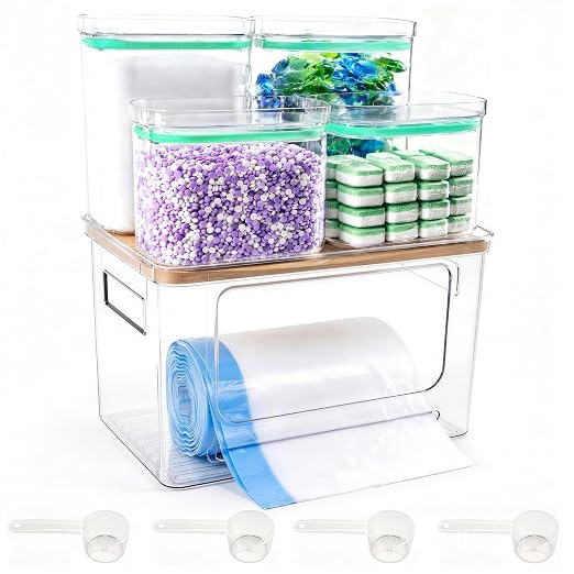 5-in-1 Trash Bag Dispenser, Laundry & Dishwasher Pods Storage Container | Space-Saving Under Sink Garbage Bag Dispenser for 13/30/33 Gallon Bags & Laundry Room Storage. Home Organization Must Haves!