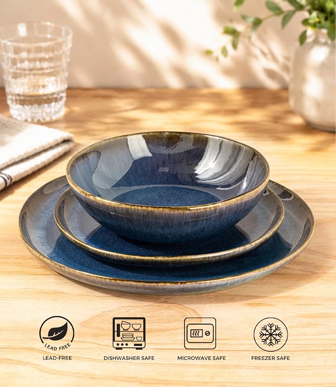 AmorArc Ceramic Dinnerware Sets for 4, 12Pcs Plates and Bowls Sets Dishes | Stoneware Handmade Reactive Glaze Dinner Set, Highly Scratch Resistant | Dishwasher & Microwave Safe Dishware