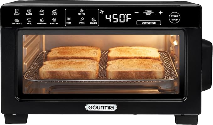 Gourmia Toaster Oven Air Fryer - 4 Slice Capacity, Single Door, Digital Display, Air Fry, Toast & Dehydrate, Convection Cooking, Fits 8” Pizza, 3 Rack Positions, Dishwasher-Safe Trays, Black
