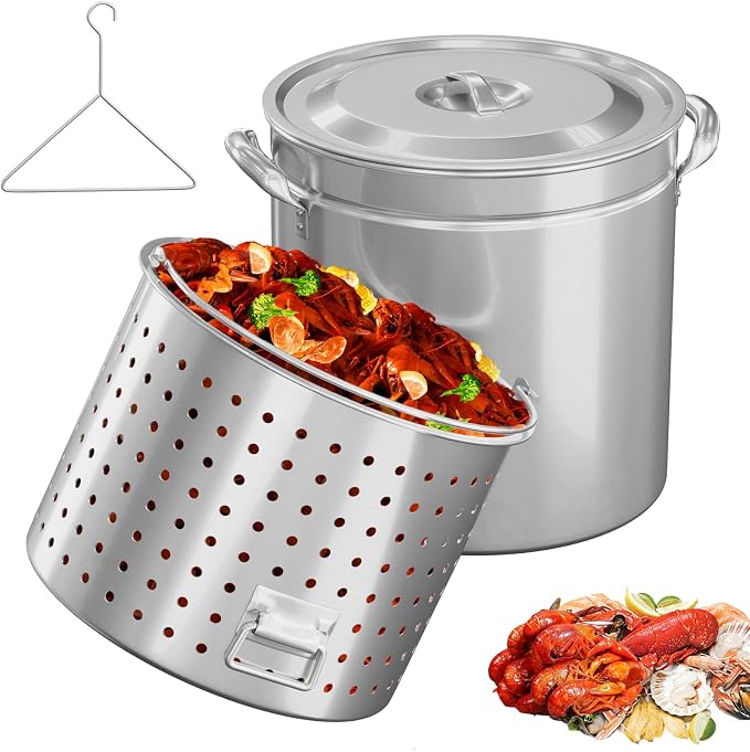 Bonnlo 102QT Stainless Steel Stock Pot for Boiling Seafood, Crawfish lobster & Crab, Frying Turkey & Steaming Tamales, Large Boil Pot with Steamer Basket, Lid, Lifting Hook for Outdoor Cooking Patio