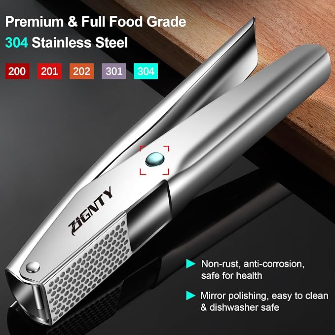 Garlic Press Stainless Steel, Professional Crusher No Peel Required | Large Trough Presser, Ergonomic Extra-wide Extended Handle, Easy Squeeze, Ginger Mincer Masher, Dishwasher Safe, Rust Proof