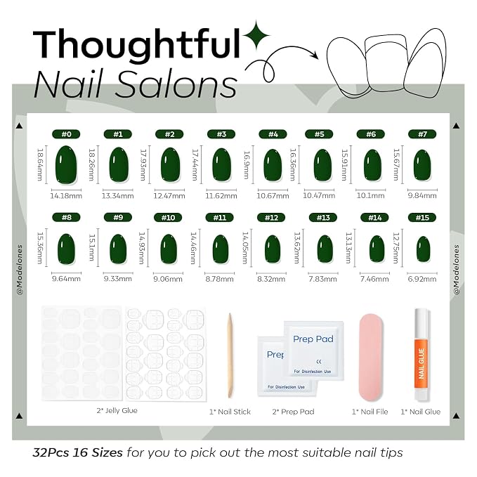modelones Jewel Green Short Press on Nails, Oval Fake Nails Kit | Press Ons with Nail Glue, Adhesive Tabs, Nail File, Prep Pad, Manicure Stick, 32Pcs 16 Sizes, Summer Women Girl Gift