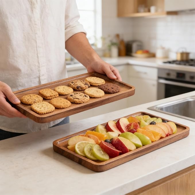 VERTORGAN 2 Pack Acacia Wood Serving Tray,9.8x5.9 Inch Trays,Home Decor | Coffee Table Tray,Living Room Decor,Bar Serving Platter,Party Tray,Charcuterie Board,Cheese Platter, Decorative Wood Tray