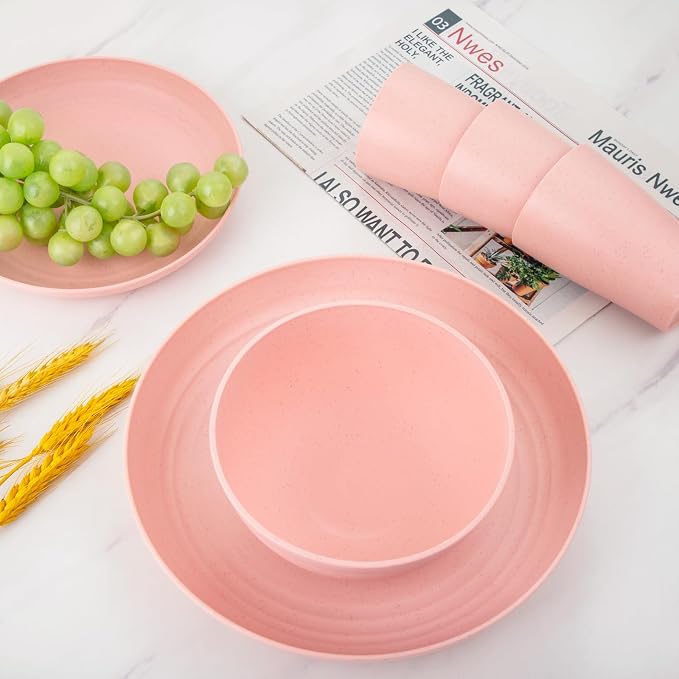 32Pcs Pink Plates and Bowls Sets for 8, Unbreakable Dinnerware | Lightweight reusable wheat straw pink dishes set. Shatterproof pastel camp plates & bowls for college dorm, RV, or picnics.