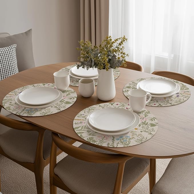 Artoid Mode Wildflower Vinyl Round Placemats Set of 4, 14 Inch Washable Non-Slip Platic PVC Table Mats for Party Kitchen Dining Decor