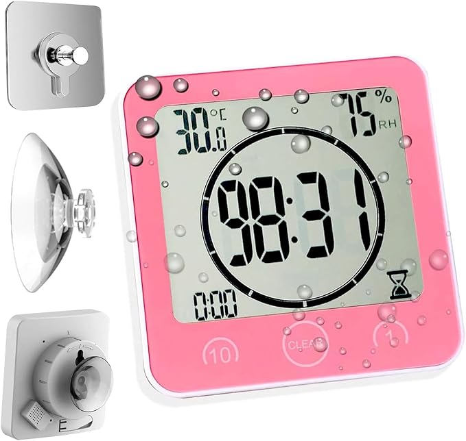 Waterproof Bathroom Wall Clock and Timer, Digital Water Resistant Hanging Timer for Shower, Large Display Kitchen Cooking Countdown Timers, Mirror Suction Clock with Temperature Humidity Meter (Pink)