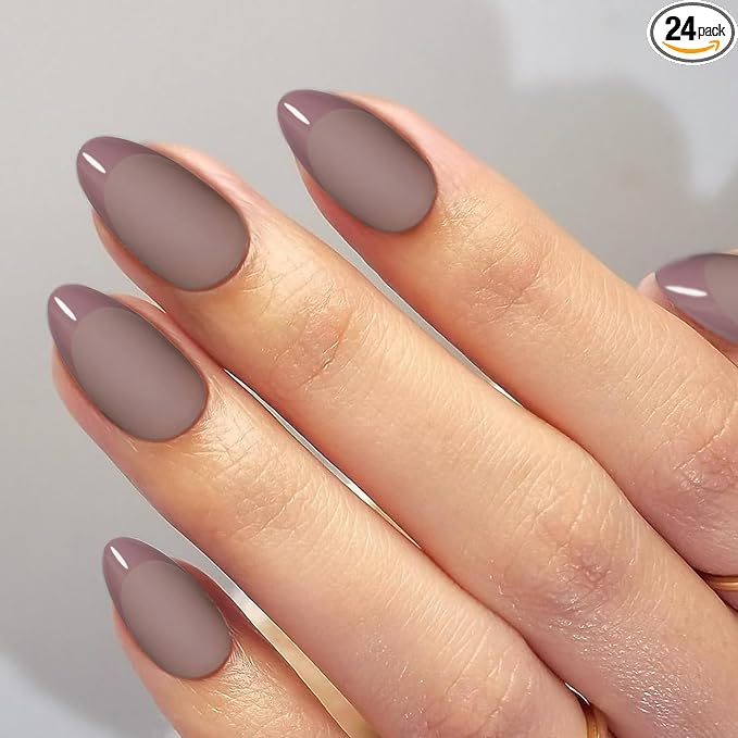 Press On Nails,Brown,Short Almond,Glossy French Tips With Matte | Salon-Quality Natural Nails, 10-Minute Easy Daily Application,2+ Weeks Wear, Fast Removal, 16 Sizes, All-in-One Complete Kit