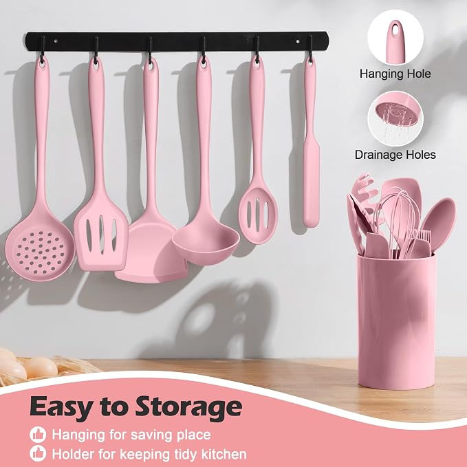 Homikit 15-Piece Kitchen Utensil Set, Silicone Cooking Utensils Spatula Set | Heat Resistant Silicone Utensil with Holder for Nonstick Cookware, Kitchen Tools Gadgets for Cooking and Baking, Pink