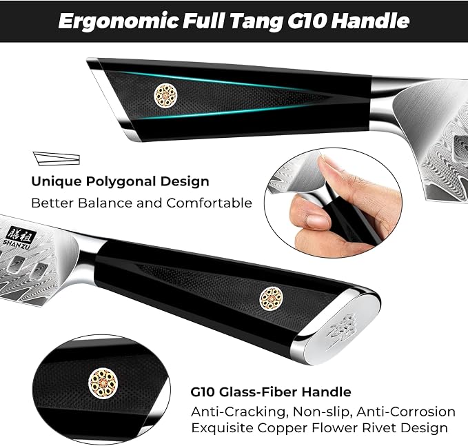 SHAN ZU Damascus Chef Knife Santoku Knife 7 Inch | Professional Kitchen Knives, 67 Layers Damascus Stainless Steel 10Cr15CoMoV Cooking Knife with G10 Handle/Gift Box