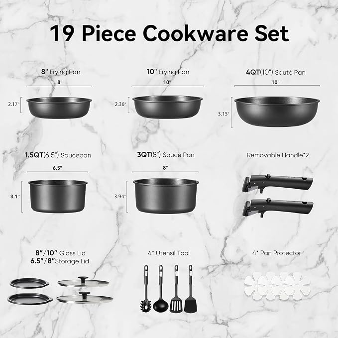 CAROTE 19pcs Pots and Pans Set Non Stick, Detachable Handle Cookware | Kitchen Cooking Sets, Space Saving, Dishwasher & Oven Safe, Non-Toxic, for Camping/RV/Traveling, Black