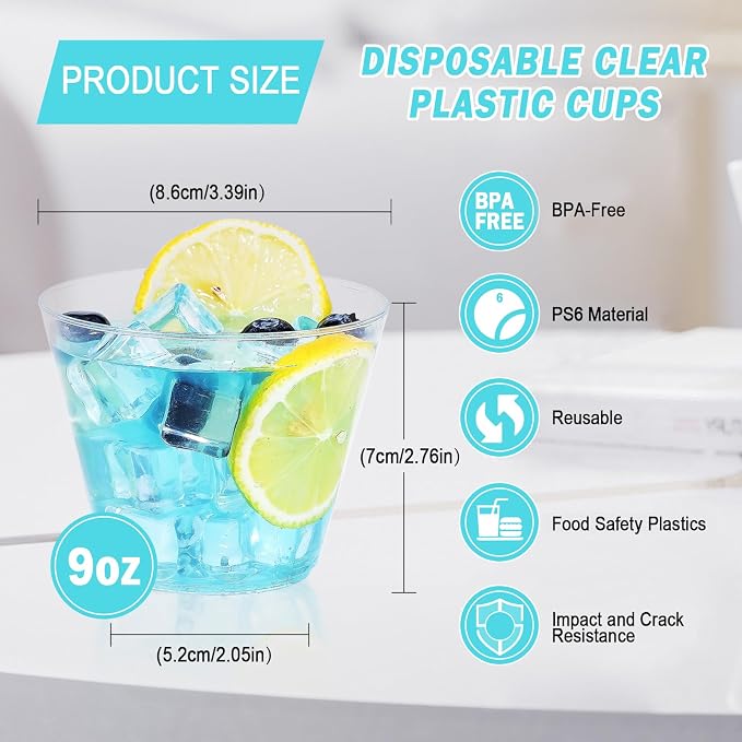 BYSNOW 100 Pack 9 oz Clear Plastic Cups, Disposable Plastic Cocktail Cups | Disposable Heavy Duty Clear Drinking Cups, Hard Punch Plastic Wine Glasses Cups for Party, Wedding, Home, Soda, Juice