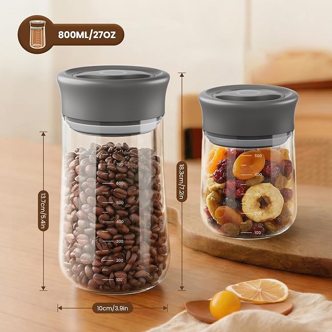 Airtight Glass Storage Jar 27 oz, Easy Open 1/4-Turn Lid Coffee Container | Easy-Open Quarter-Turn Lid, Airtight, Food Grade, Transparency, with Scale