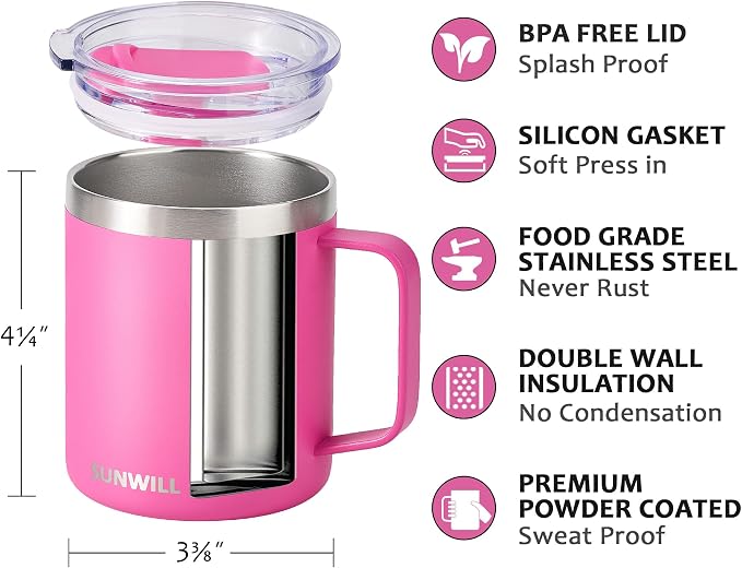 SUNWILL Insulated Coffee Mug, Stainless Steel 14 oz, Splash-Proof Lid | Keeps Drinks Hot & Cold, Powder-Coated Magenta Finish, Dishwasher Safe, Ideal for Home & Office