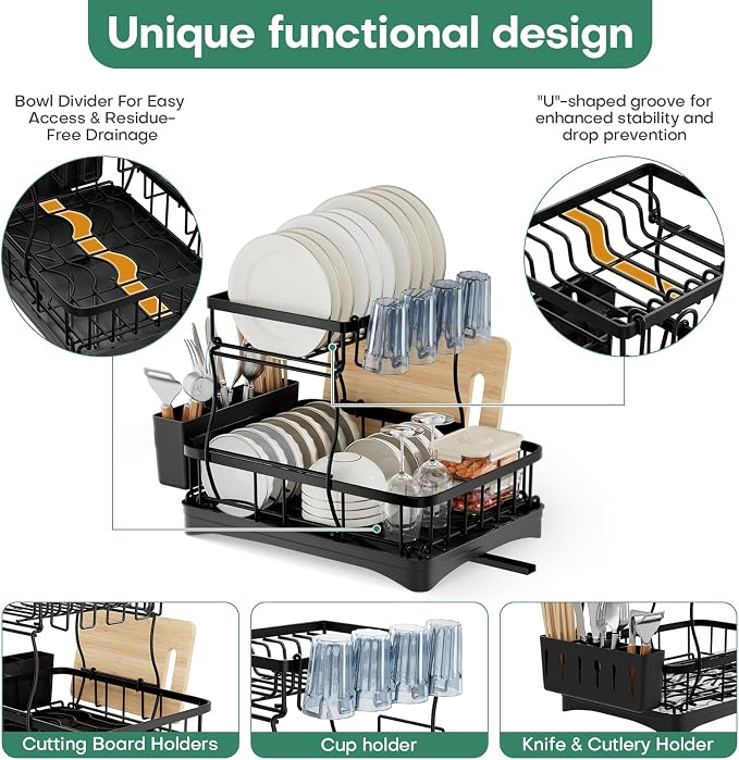 2 Tier Dish Rack, Carbon Steel Dish Drying Rack for Kitchen Organization & Storage, Countertop / Sink Dish Rack with Automatic Drain Tray, Large Capacity Black Dish Rack - Essential Home Kitchen Item