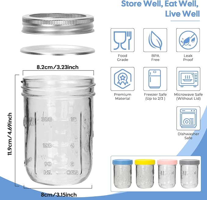 CycleMore 16oz 6 - Pack Wide Mouth Mason Jars with Airtight Lids & Colorful Lids, Glass Canning Jars with Measurement Marks, for Canning, Preserving, Overnight Oats, DIY Crafts