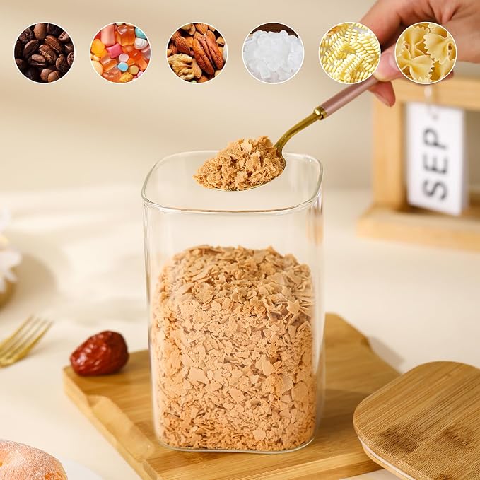 3-Pack Square Glass Jars with Bamboo Lids, 32oz Food Storage | 32oz Airtight Canister Set, Clear Glass Storage Containers with Lids for Candy, Coffee, Tea, Sugar, Flour, Cookies, Spices