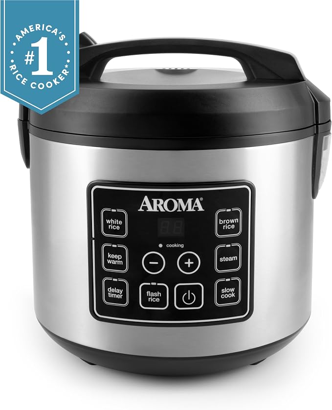 Aroma Housewares 20 Cup Cooked (10 cup uncooked) Digital Rice Cooker, Slow Cooker, Food Steamer, SS Exterior (ARC-150SB),Black
