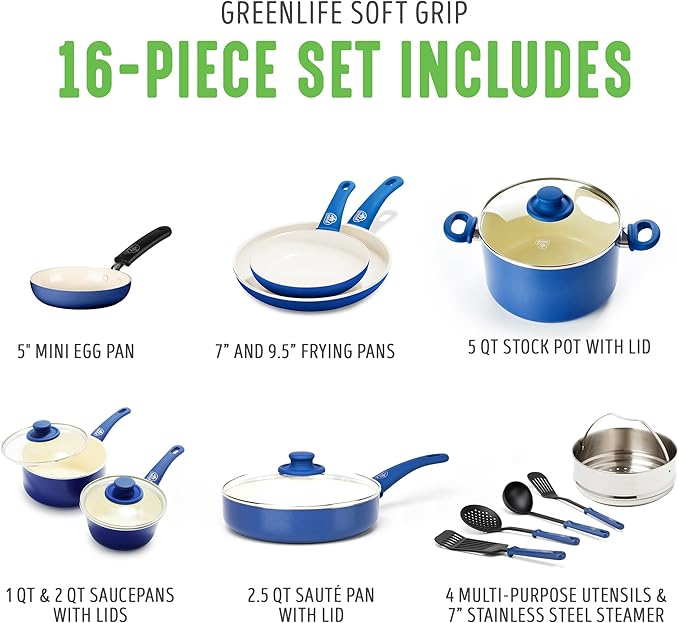 GreenLife 16 Piece Ceramic Nonstick Pots & Pans Cookware Set, Blue | PFAS-Free Nonstick Coating, Stockpot, Frying Pans, Saucepans, Sauté Pan, Stay-Cool Handles, Dishwasher & Oven Safe up to 350F