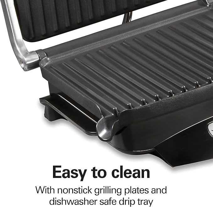 Hamilton Beach Steak Lover's Electric Indoor Searing Grill, Nonstick 100 Square, Stainless Steel (25331), Black and Stainless, Medium | Adjustable Temperature Control To 500° F | Non-Stick PFAS-Free 100 sq. in. Cooking Surface | Black & Stainless Steel