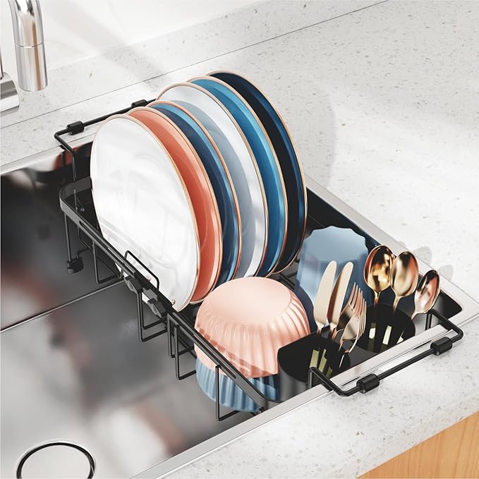 Small Sink Dish Drying Rack - 9" W Expandable for RV Apartment | Twist-Lock Adjustment, Removable Utensil Holder, Handles with Non-Slip Beads, Rust-Resistant, Space-Saving for Kitchen