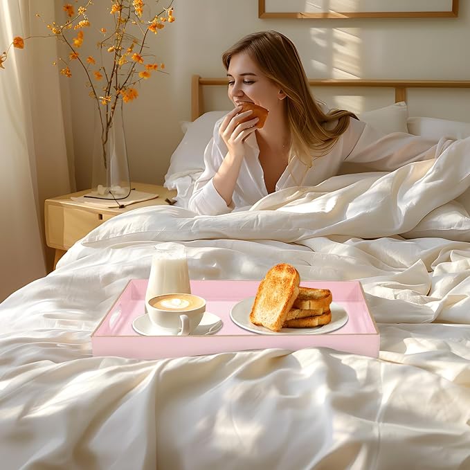 Pink Decorative Tray for Coffee Table, Serving Tray with Handles | Plastic Melamine Tray, Modern Ottoman Tray, Rectangular Countertop Organizer Tray for Living Room, 15.8"L x 10.2"W x 1.4"H
