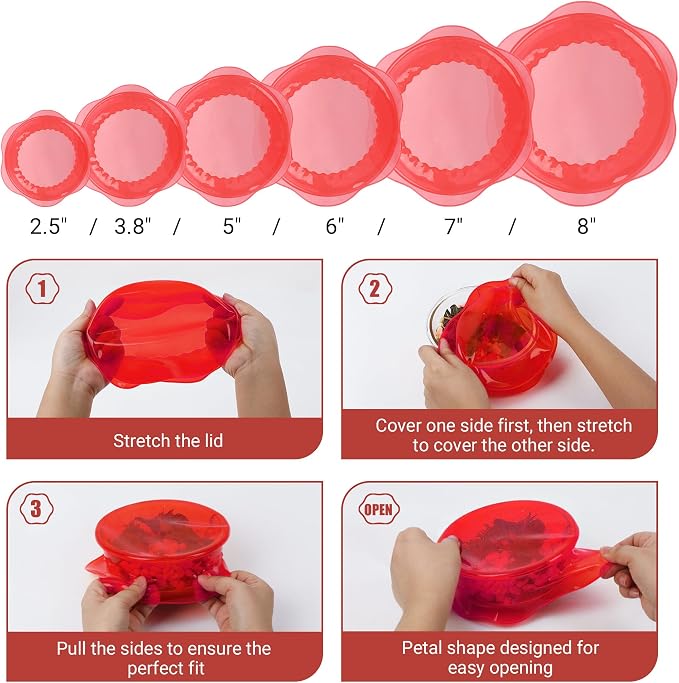 Silicone Stretch Lids for Food Storage in Fridge, Reusable Elastic Bowl Covers for Cup, Cans, Jars, Round & Rectangle Container, Food Grade Silicone Microwave Food Cover, Red, 6PCS