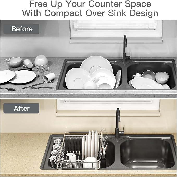 Dish Drying Rack Over The Sink with Utensil Holder, Drainboard | Expandable Stainless Steel Dish Drainer for Small Kitchen, Apartment, RV, Counter Space Saving, Perfect Fit, Rustproof