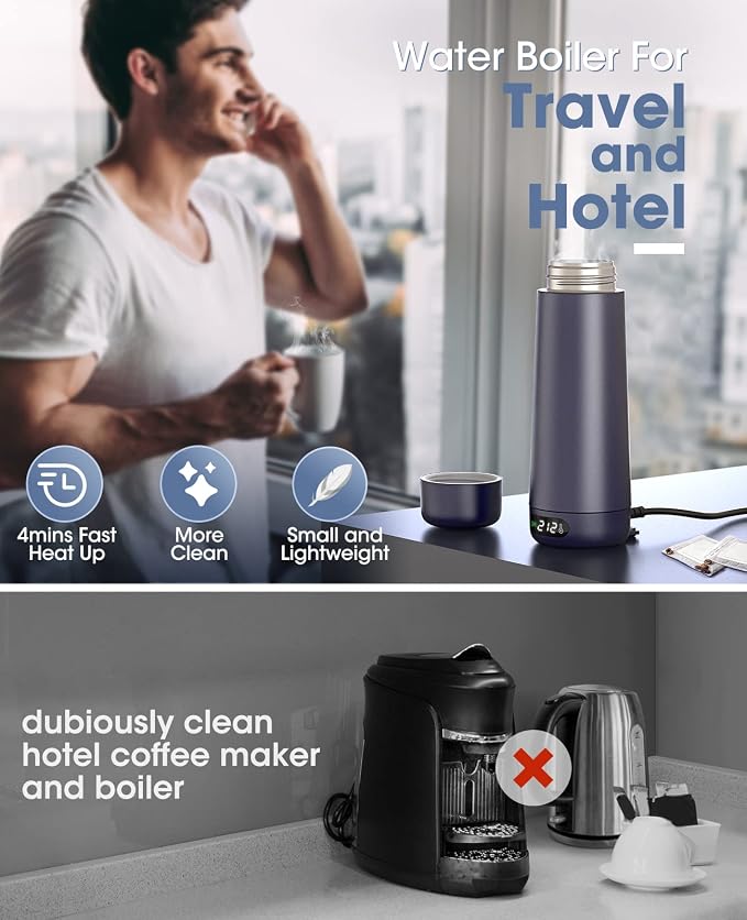 Nicewell Portable Electric Kettle for Travel Global Use 110-240V | Dual Voltage, 316 Stainless Steel, 6 Temp Presets, LCD Display, 370ML, Fast Boil, Auto Shut-Off, Keep Warm, Lightweight