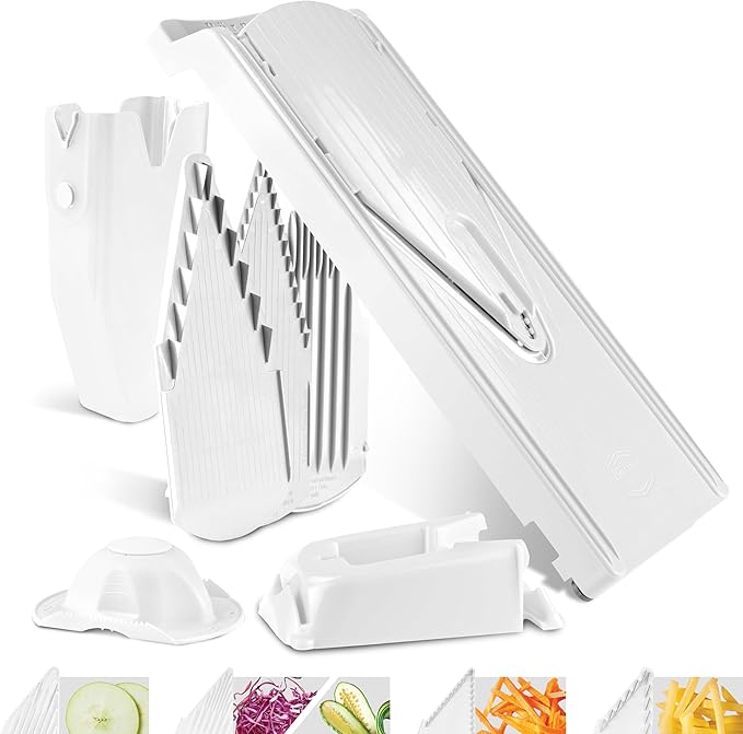 Mandoline Food Slicer Börner V3 (Profi Set) by Reston Lloyd • V-Slicer with 4 Inserts, Docking Station & Food Holder • Made in Germany • Fruit & Vegetable Chopper • Multiple Settings • Color: White