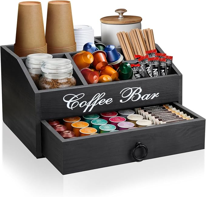 Wooden Coffee Station Organizer for Countertop | 6 Compartments & a Drawer | Farmhouse Coffee Pods Holder Coffee Bar Accessories and Tea Condiment Basket