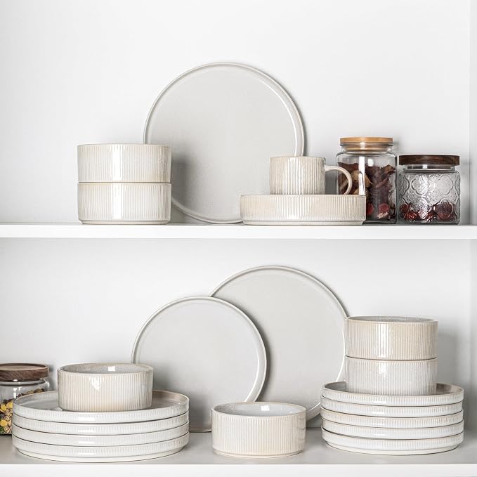 GBHOME Stoneware Dinnerware Sets for 8, 24-Piece Plates and Bowls Set | Handmade Reactive Glaze Ceramic Dish Set, Scratch Resistant, Dishwasher&Microwave Safe,Cloud White