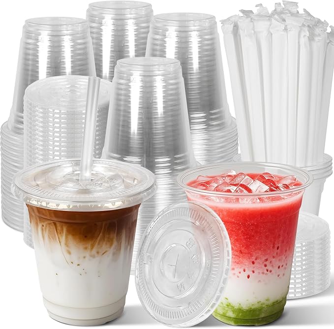 Charmount 50 Sets- 12 oz Clear Plastic Cups with Lids and Straws | Disposable To Go Cups for Cold Drinks, Iced Coffee, Milkshakes, Smoothies