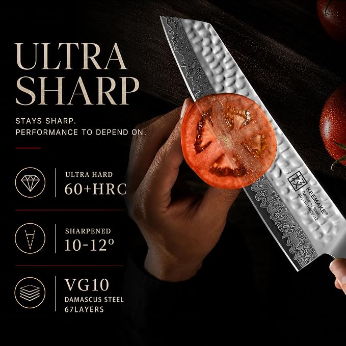 8" Damascus Chef Knife, VG10 Japanese Knife with Ash Sheath | Ultra Sharp 10° Edge Kiritsuke Kitchen Knife, 67 Layers Hand Forged Hammered Cooking Knife for Meat, Vegetable, Fruit, BBQ