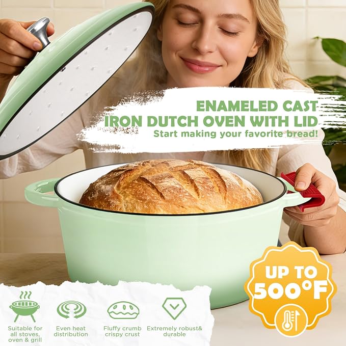 Enameled Cast Iron Dutch Oven Pot with Lid, 5QT Dutch Oven for Bread Baking | Round Bread Oven, Sourdough Bread Baking Supplies, Banneton Bread Proofing Basket, Starter Jar, Lame, Oven Safe up to 500°F