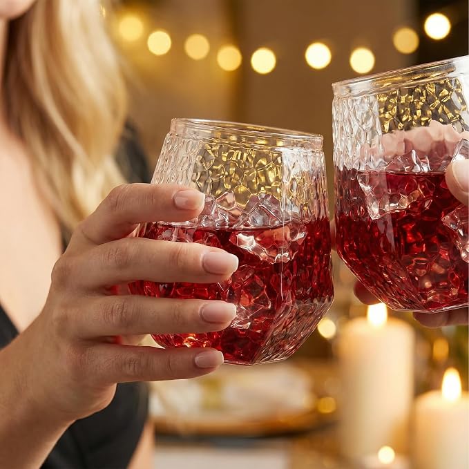 Ciaell 30 Pack Plastic Wine Glasses for Weddings Outdoor Gatherings | 14 oz Diamond Hammered Rim Stemless Wine Cups, Heavy Duty Plastic, Wine Whiskey Champagne Cocktails for Parties Bars