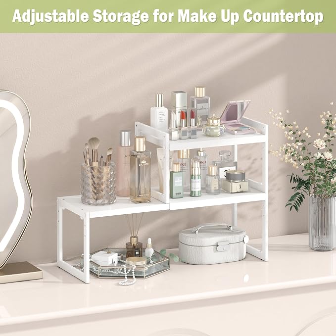 Expandable Cabinet Shelf Organizer, Stackable Kitchen Counter Shelf, White | Space Saving Metal Pantry Storage Racks for Kitchen Spice Rack Pans and Untensils Bathroom Office Organization, 1-Tier