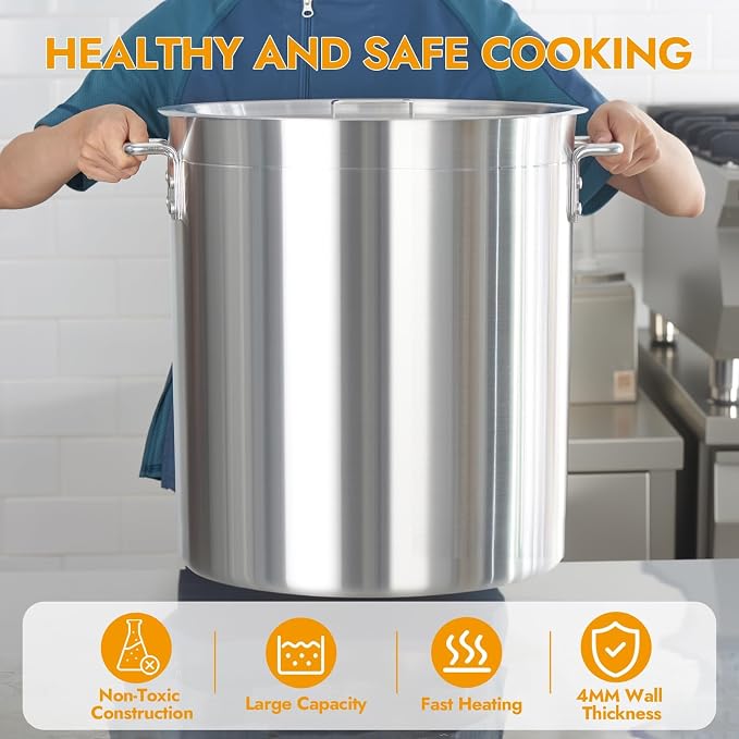 CURTA 60 Quarts Aluminum Stock Pot with Lid, Heavy Duty Commercial Grade Large Capacity Cooking Pot for Boiling, Stewing, Great for Kitchen, Restaurant, Catering, and Home Use, NSF Certified