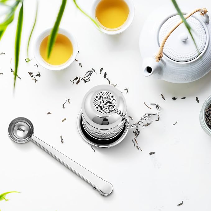 4 Pcs Tea Infuser Strainers for Loose Tea with Scoop, Extra Fine Mesh Steeper 304 Stainless Steel Diffuser Leaf Holder with Extended Chain Hook for Brew, Spices, Seasoning (Stylish Style)