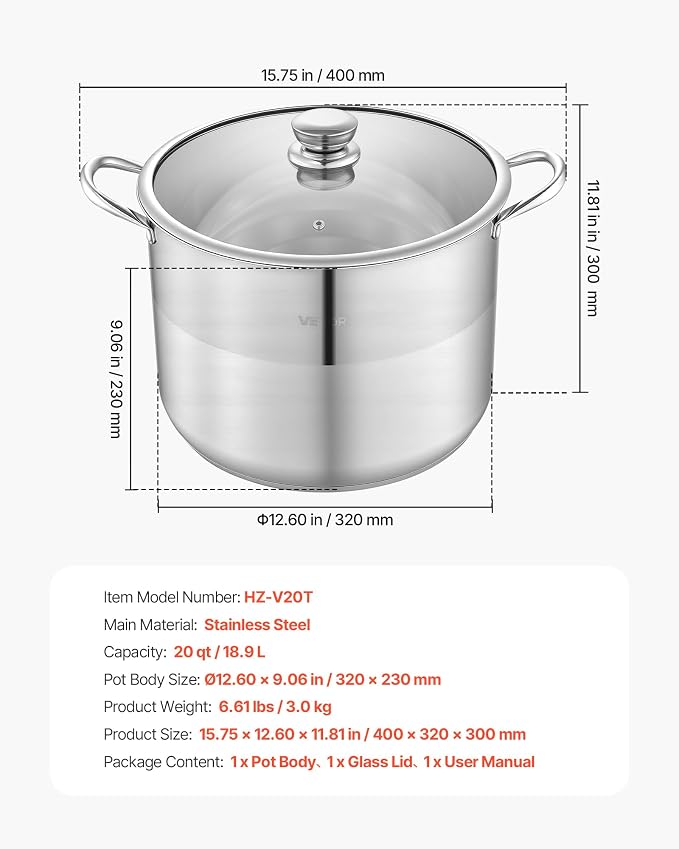 VEVOR Stainless Steel Stock Pot, 16QT Stainless Steel Stockpot with Glass Lid, PFOA-Free, PFAS-Free, Compatible with Gas Stoves, Induction Cooktops, Electric Stoves, for Soups, Stews, and Pasta